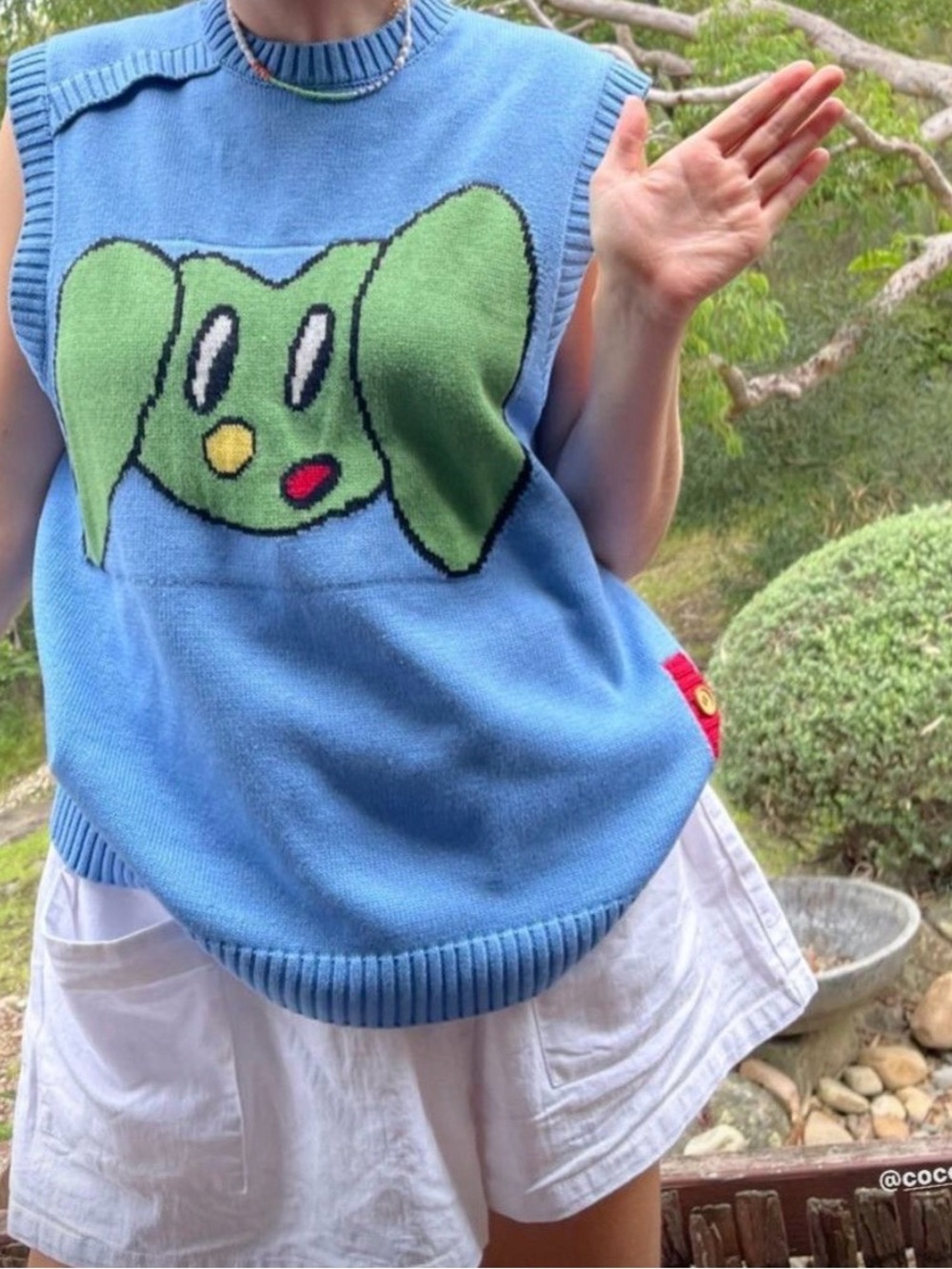 Lazy Oaf Blue Sleeveless Knit Vest with Green Cartoon Face